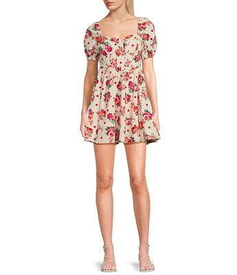 City Vibe Puff Short Sleeve Sweetheart Neck Corset Floral Printed Dress