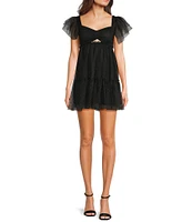 City Vibe Short Flutter Sleeve Tiered Ruched Front Bodice Dress