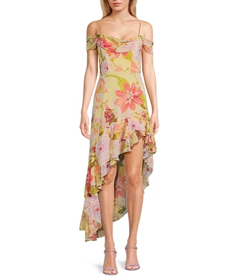 City Vibe Sleeveless Ruffle Floral Printed Hi-Low Asymmetrical Dress