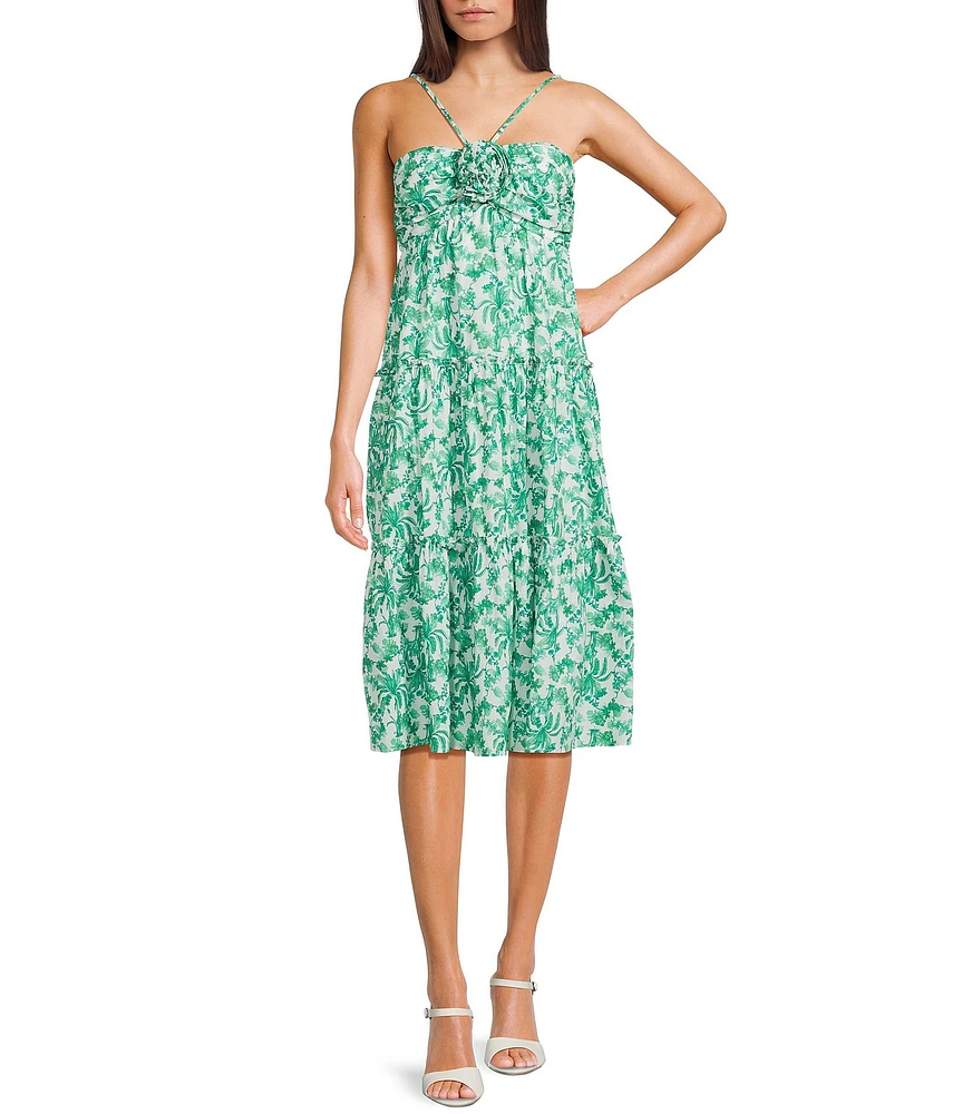 City Vibe Sleeveless Tropical Print Shirred Bandeau Bodice Empire Waist Midi Dress