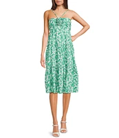 City Vibe Sleeveless Tropical Print Shirred Bandeau Bodice Empire Waist Midi Dress