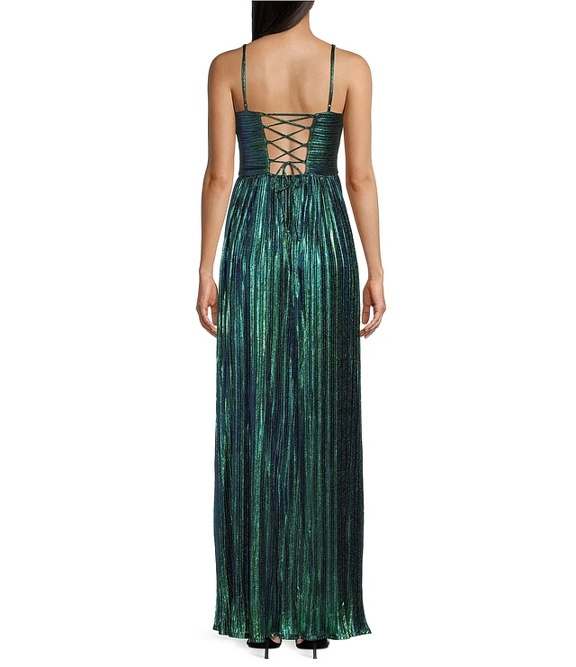 City Vibe Spaghetti Strap MTC Foil Pleat Long Slim Dress | Liberty Center City Vibe Spaghetti Strap MTC Foil Pleat Long Slim Dress | Liberty Center