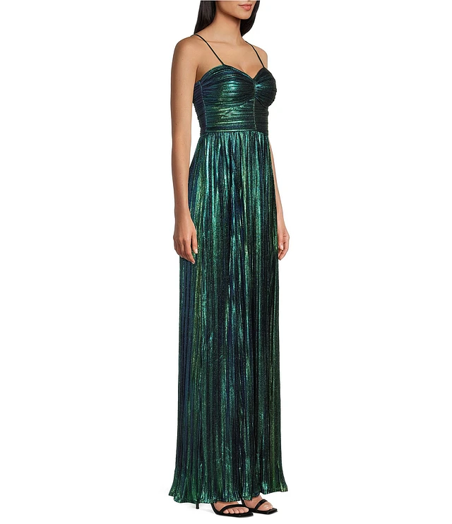 City Vibe Spaghetti Strap MTC Foil Pleat Long Slim Dress | Liberty Center