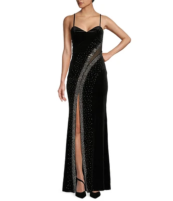 City Vibe Spaghetti Strap Rhinestone Swirl Velvet Slim Long Dress