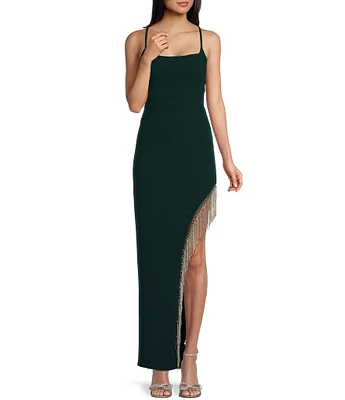 City Vibe Spaghetti Strap Scoop Neck Rhinestone Trim Long Dress