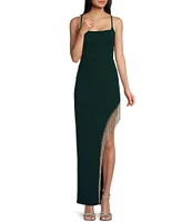 City Vibe Spaghetti Strap Scoop Neck Rhinestone Trim Long Dress