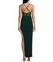 City Vibe Spaghetti Strap Scoop Neck Rhinestone Trim Long Dress