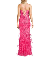 City Vibe Spaghetti Strap Scoop Neck Sequin Feather Long Dress