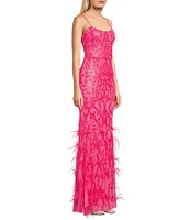 City Vibe Spaghetti Strap Scoop Neck Sequin Feather Long Dress