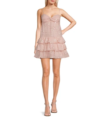 City Vibe Spaghetti Strap Twist Bodice Ruffled Layered Sequin Baby Doll Dress