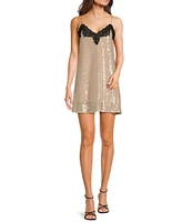 City Vibe Spaghetti Strap V-Neck Lace Trim Sequin Slip Dress