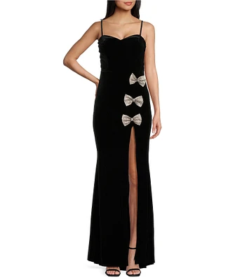 City Vibe Spaghetti Strap Velvet Long Rhinestone Bows Dress