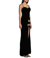 City Vibe Spaghetti Strap Velvet Long Rhinestone Bows Dress