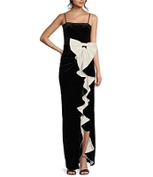 City Vibe Spaghetti Strap Velvet Ruffle Bow Slim Long Dress