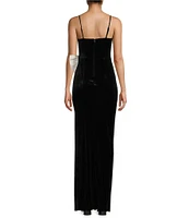 City Vibe Spaghetti Strap Velvet Ruffle Bow Slim Long Dress