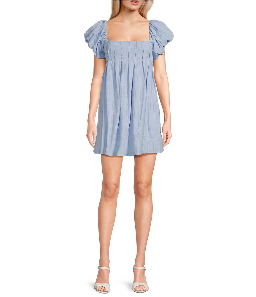 City Vibe Square Neck Puffed Sleeve Pleated Empire Waist Criss Cross Back Dress
