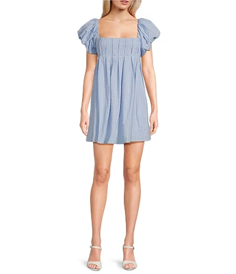 City Vibe Square Neck Puffed Sleeve Pleated Empire Waist Criss Cross Back Dress