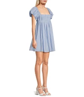 City Vibe Square Neck Puffed Sleeve Pleated Empire Waist Criss Cross Back Dress