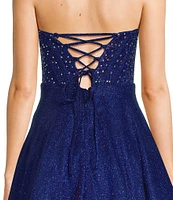 City Vibe Strapless Glitter Point Corset Lace With Rhinestone Skater Party Skirt Dress