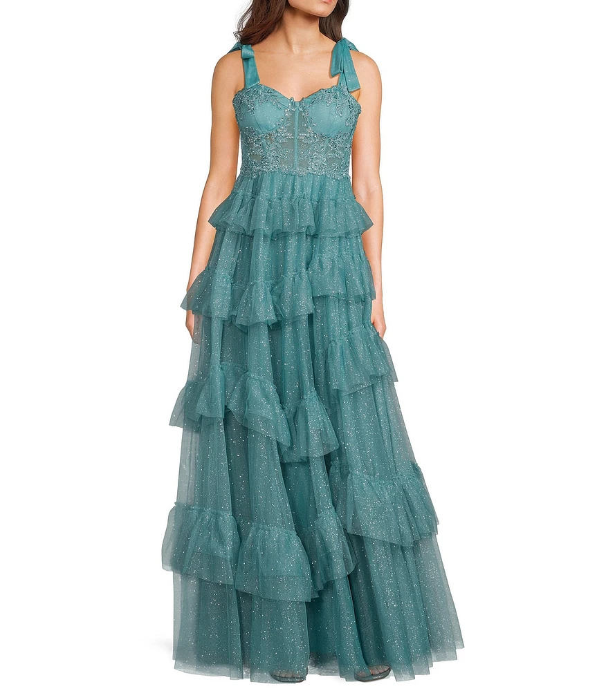 City Vibe Sweetheart Neck Bustier Tie Strap Illusion Corset Waist Embroidered Applique Ruffled Dress