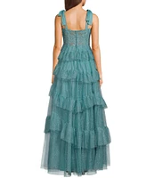 City Vibe Sweetheart Neck Bustier Tie Strap Illusion Corset Waist Embroidered Applique Ruffled Dress