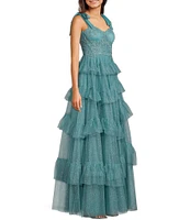 City Vibe Sweetheart Neck Bustier Tie Strap Illusion Corset Waist Embroidered Applique Ruffled Dress
