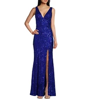 City Vibe V-Neck Sleeveless Sequin Pattern Open Back Side Slit Dress