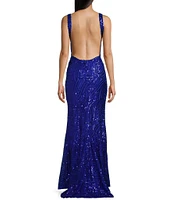 City Vibe V-Neck Sleeveless Sequin Pattern Open Back Side Slit Dress