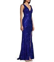City Vibe V-Neck Sleeveless Sequin Pattern Open Back Side Slit Dress