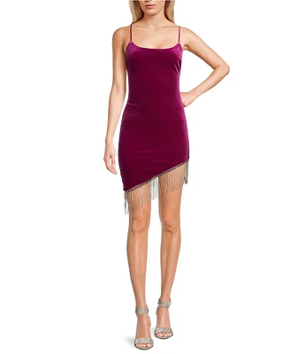 City Vibe Velvet Fringe Asymmetrical Hem Bodycon Dress