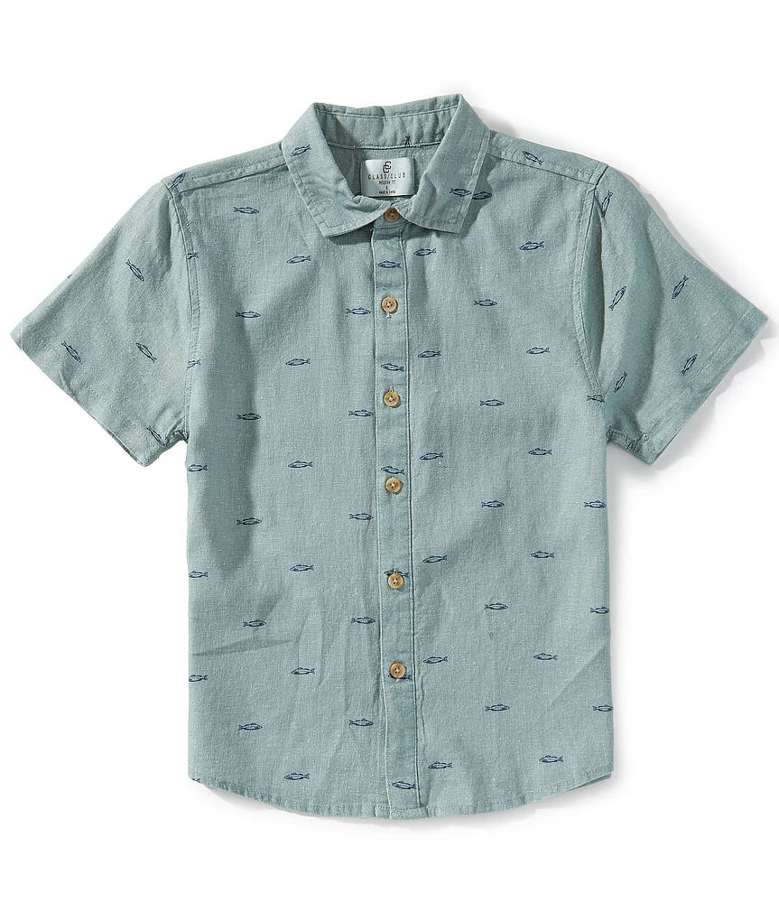 Class Club Big Boys 8-20 Fish Print Woven Linen Button Front Shirt