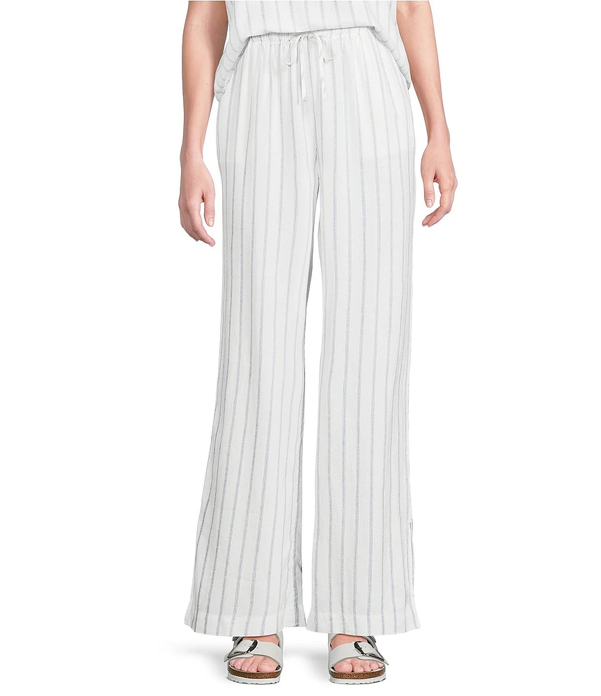Cloth & Stone Linen Blend High Rise Wide Leg Front Drawstring Stripe Crop Coordinating Pants