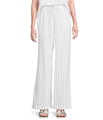 Cloth & Stone Linen Blend High Rise Wide Leg Front Drawstring Stripe Crop Coordinating Pants