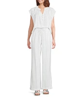 Cloth & Stone Linen Blend High Rise Wide Leg Front Drawstring Stripe Crop Coordinating Pants