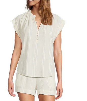 Cloth & Stone Coordinating Linen Blend Knit Striped Henley Cap Sleeve Pullover