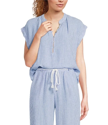 Cloth & Stone Linen Blend Mandarin Collar Short Sleeve Stripe Coordinating Top