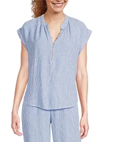 Cloth & Stone Linen Blend Mandarin Collar Short Sleeve Stripe Coordinating Top