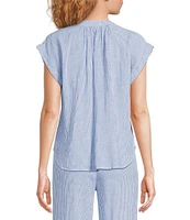 Cloth & Stone Linen Blend Mandarin Collar Short Sleeve Stripe Coordinating Top