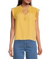 Cloth & Stone Smocked Ruffled Split V-Neck Top