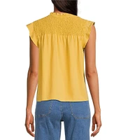 Cloth & Stone Smocked Ruffled Split V-Neck Top