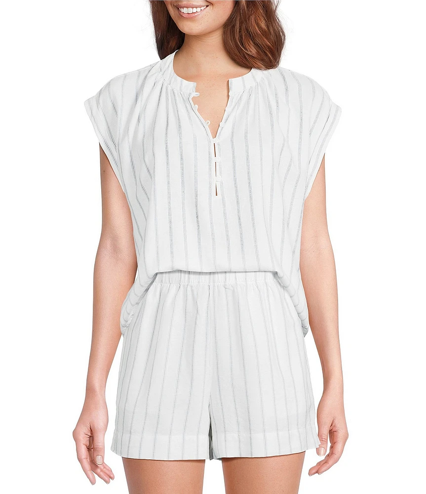 Cloth & Stone Stripe Linen Blend Mandarin Collar Short Sleeve Coordinating Top