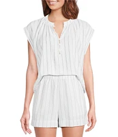 Cloth & Stone Stripe Linen Blend Mandarin Collar Short Sleeve Coordinating Top