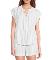 Cloth & Stone Stripe Linen Blend Mandarin Collar Short Sleeve Coordinating Top