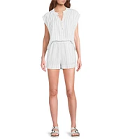Cloth & Stone Stripe Linen Blend Mandarin Collar Short Sleeve Coordinating Top