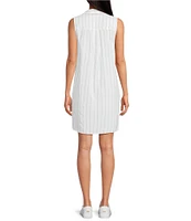 Cloth & Stone Stripe Print Linen Blend Mandarin Collar Short Sleeve A-Line Dress