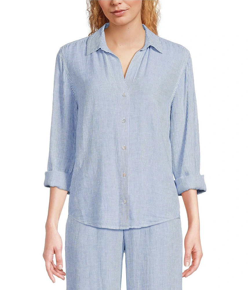 Cloth & Stone Stripe Print Linen Blend Point Collar Long Sleeve Classic Button Down Coordinating Shirt