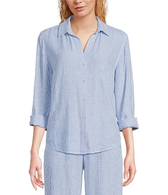 Cloth & Stone Stripe Print Linen Blend Point Collar Long Sleeve Classic Button Down Coordinating Shirt
