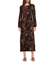 Cloth & Stone Woven Abstract Print Crew Neck Long Sleeve A-Line Hi Low Midi Dress