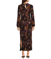 Cloth & Stone Woven Abstract Print Crew Neck Long Sleeve A-Line Hi Low Midi Dress