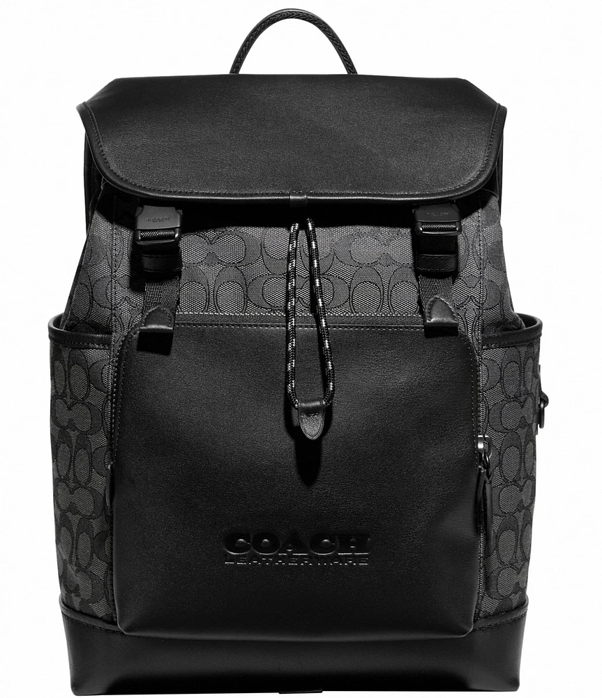 COACH Signature Logo Print Black League Flap Backpack